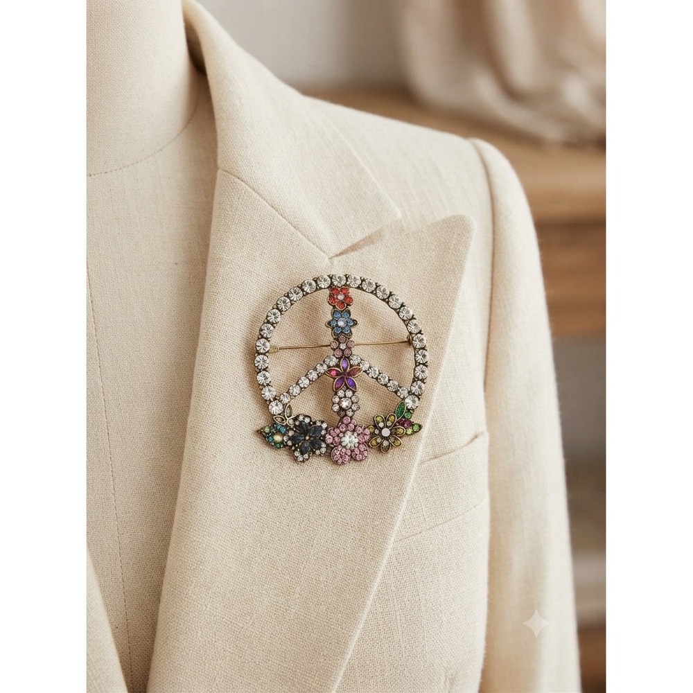 Vintage Style Peace Sign Floral Crystal Brooch Antique Gold Tone Multicolor Pin
